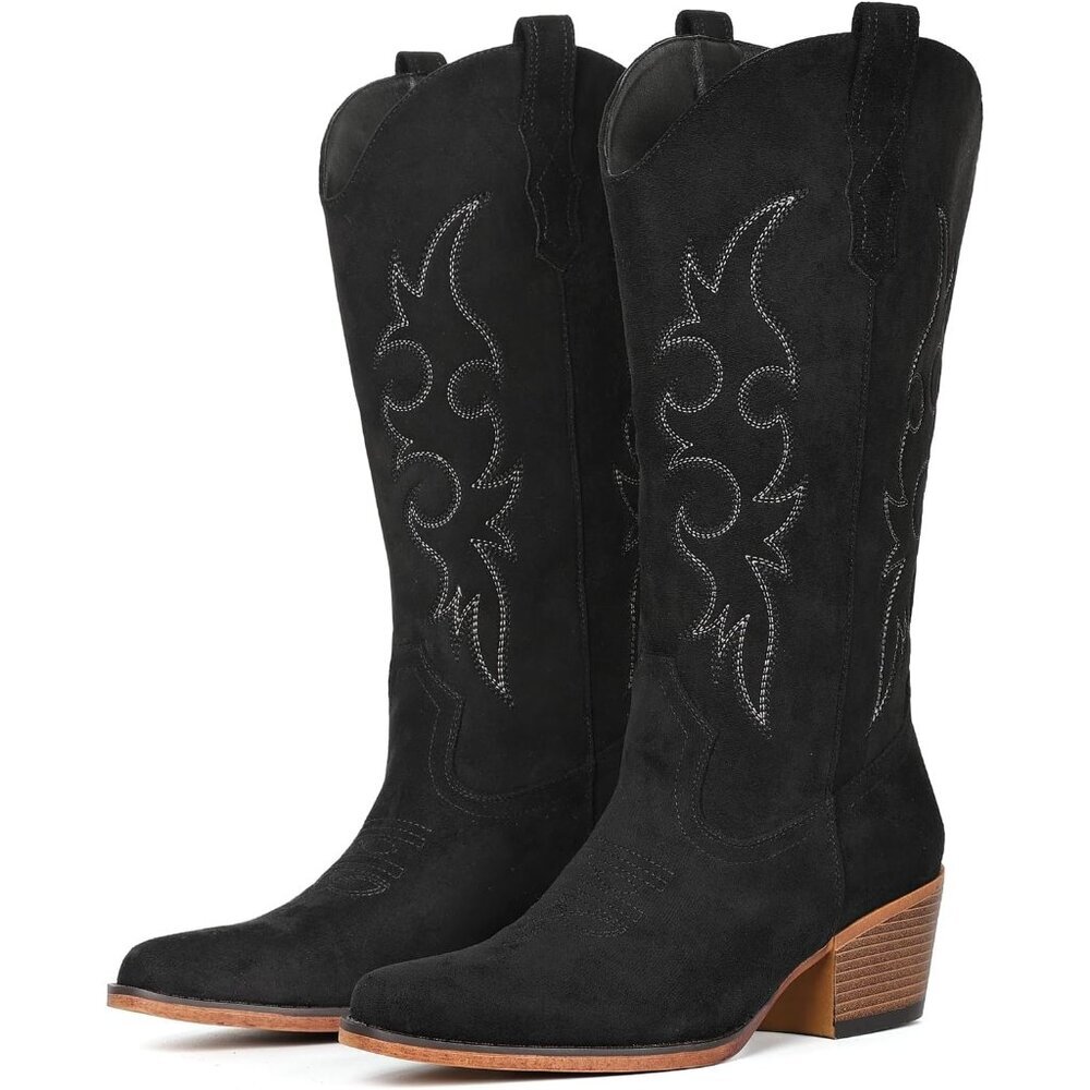 Women's Black Suede Western Cowgirl Boot Mid Calf Snip Toe Boot With Chunky Heel